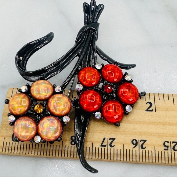 Retro Flower Brooch Pin with Red & Amber Holograph Gems Japanned Metal Statment - Picture 6 of 11